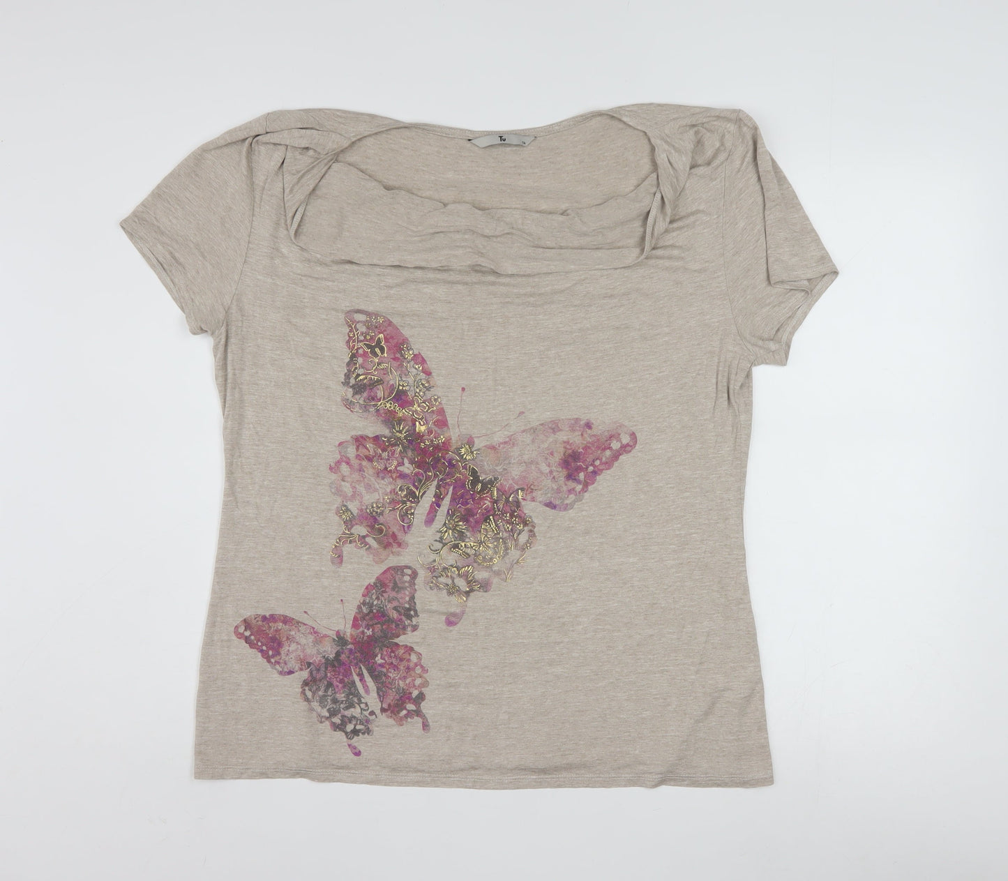 Tu Women’s Beige Butterfly Print Short Sleeve Viscose T-Shirt Size 16
