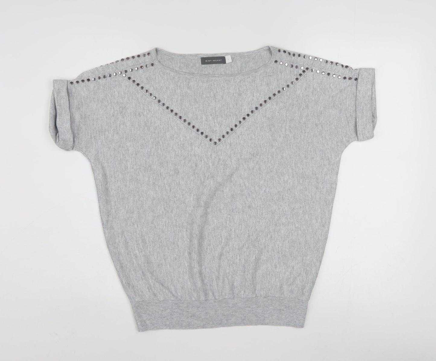 Mint Velvet Womens Grey Studded Knit Short Sleeve T-Shirt Size S