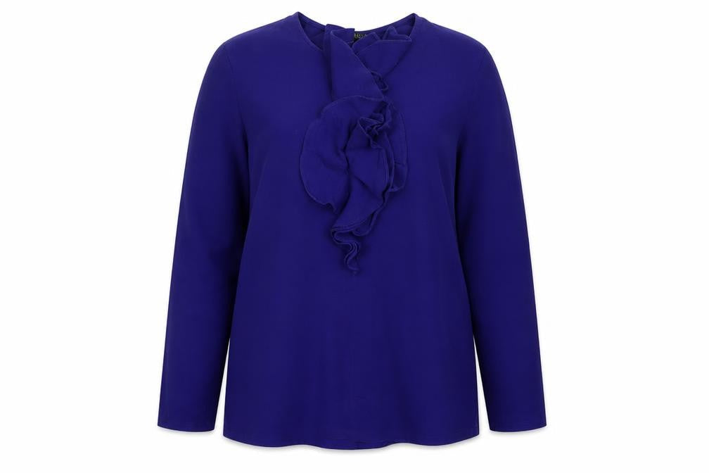 Ralph Lauren Women's Blue Ruffle Long Sleeve Cotton Modal Tunic Blouse L