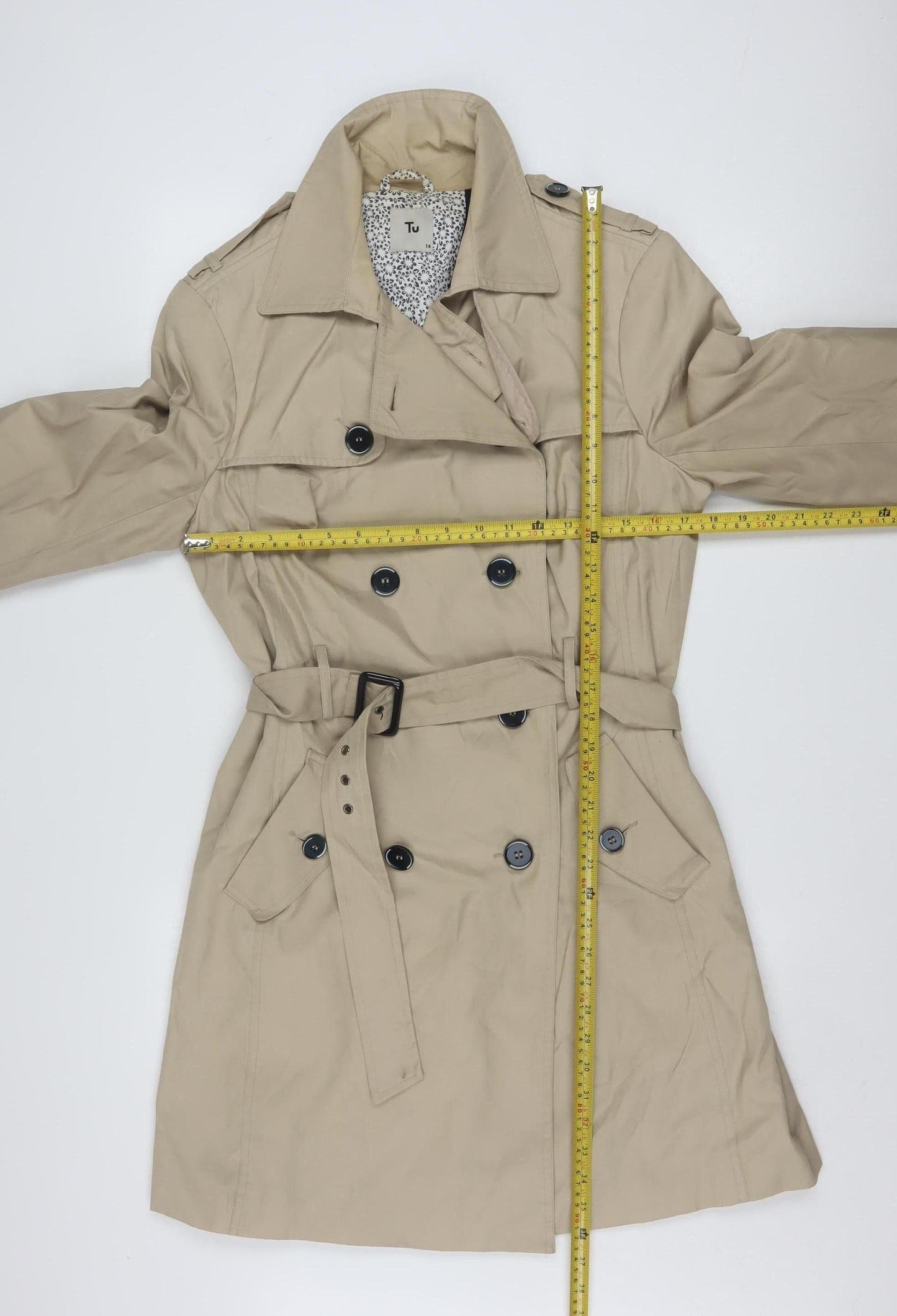Tu Women Beige Trench Coat Size 14 Belted Mid-Length Cotton Blend