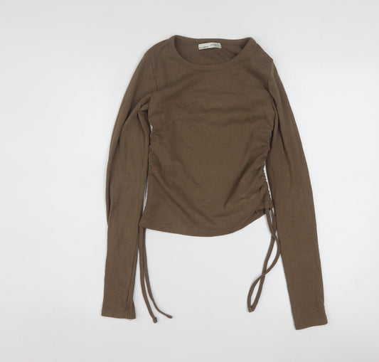 Pull&Bear Women’s Brown Cropped Long Sleeve Stretch Top Size 12