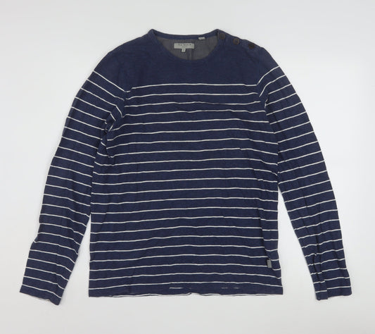 Ted Baker Men Blue Striped Cotton Long Sleeve Button Crew Neck Top M