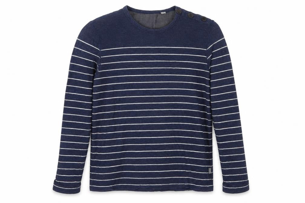 Ted Baker Men Blue Striped Cotton Long Sleeve Button Crew Neck Top M