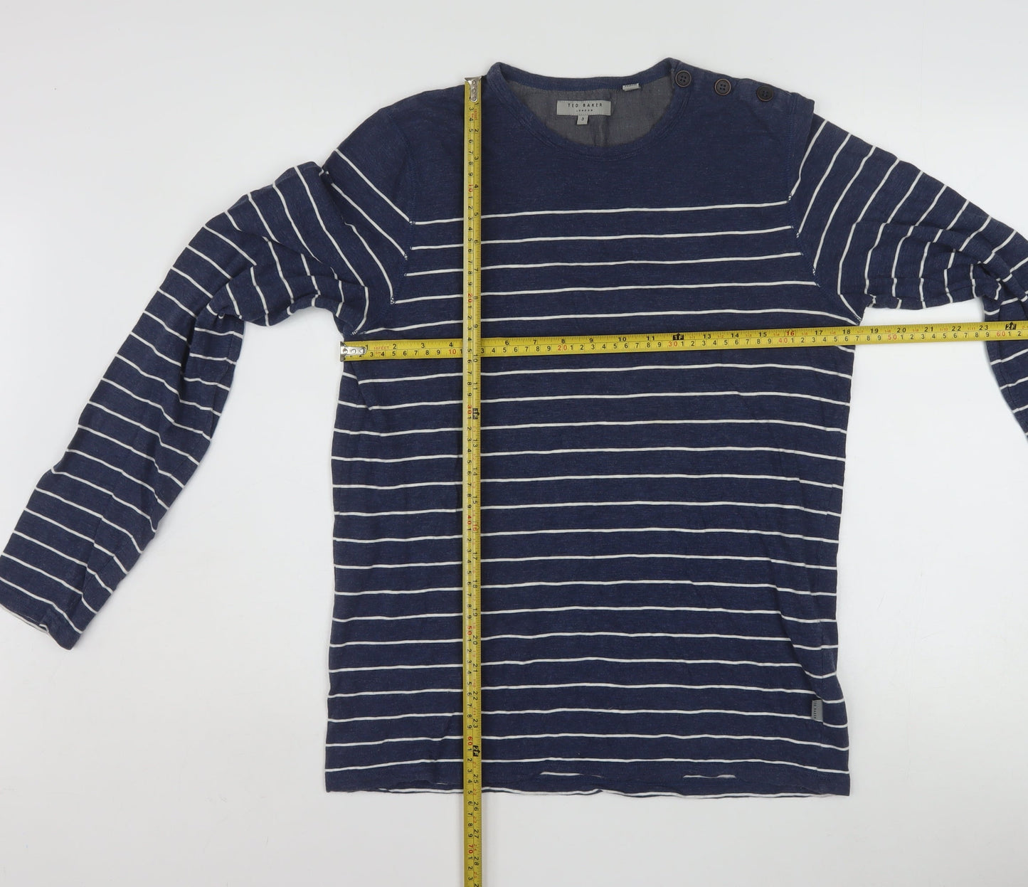 Ted Baker Men Blue Striped Cotton Long Sleeve Button Crew Neck Top M