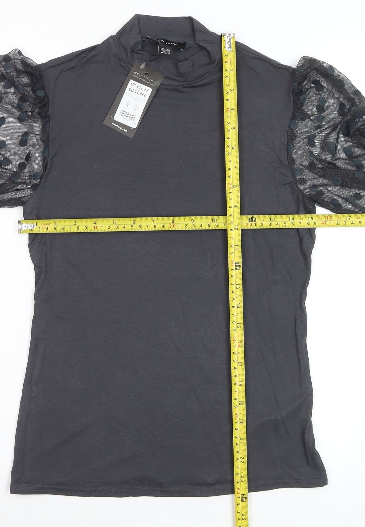 New Look Women’s Black Polka Dot Mesh Sleeve High Neck Blouse UK 14