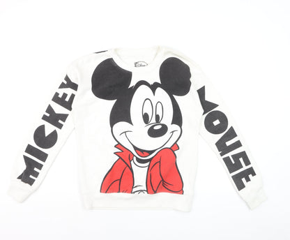 Front view of Disney girls’ white mickey mouse sweatshirt - small long sleeve graphic pullover