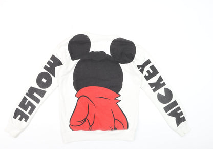 Close-up detail of Disney girls’ white mickey mouse sweatshirt - small long sleeve graphic pullover