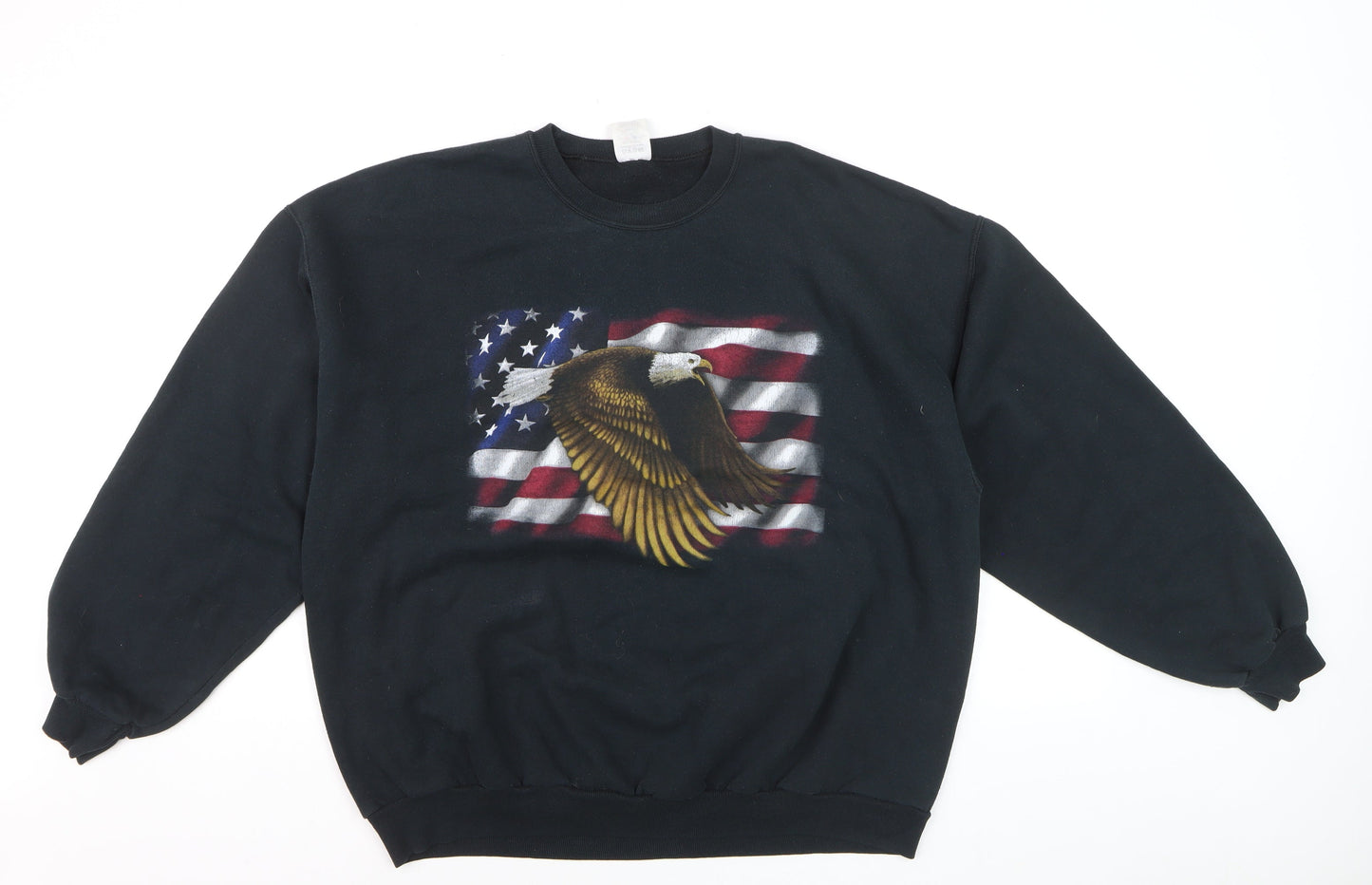Jerzees Men's Black Patriotic Eagle Flag Crew Neck Fleece Sweatshirt L