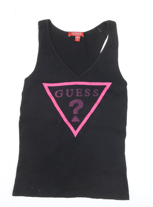 Guess Womens Black XS V-Neck Logo Tank Top