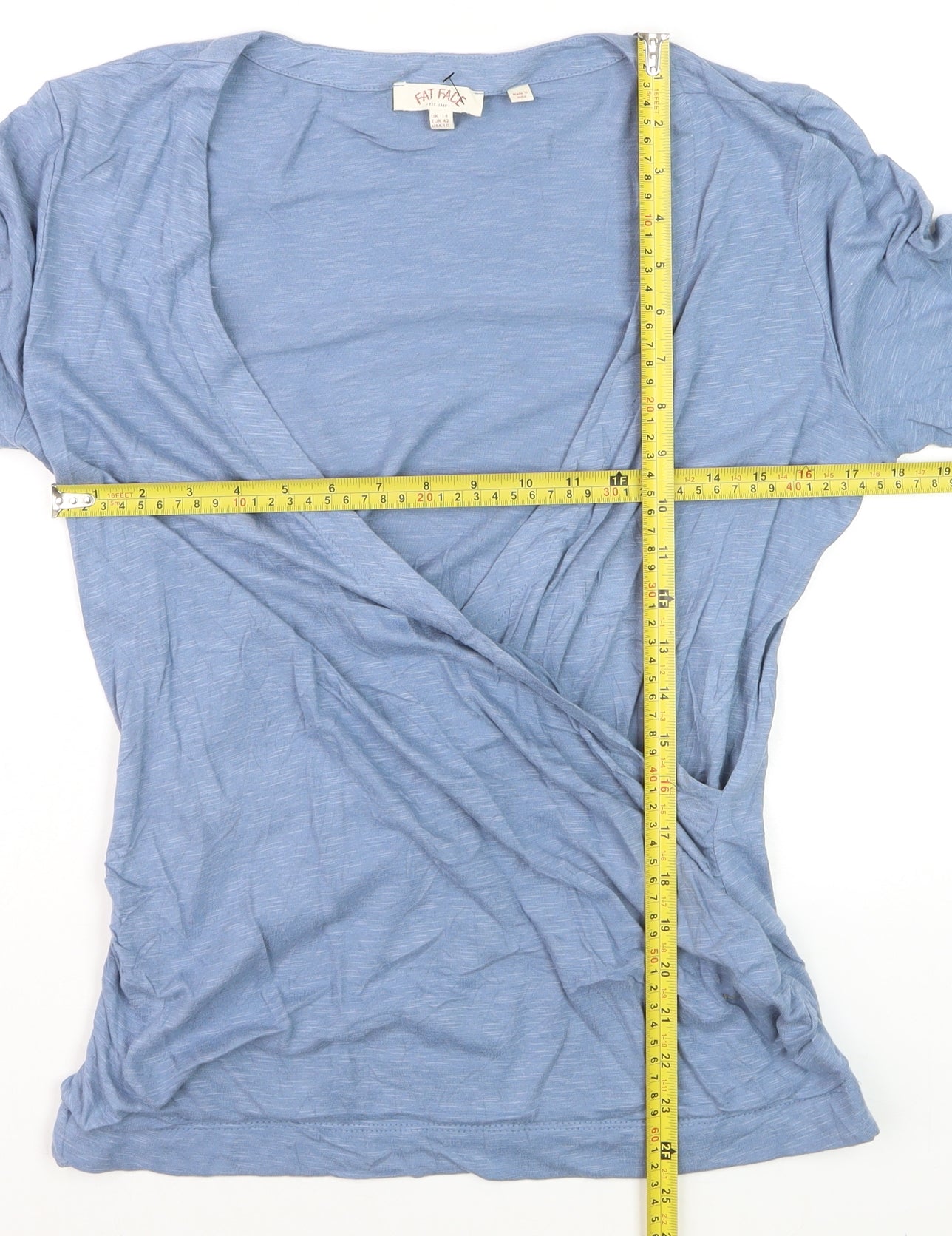 Fat Face Women’s Blue Cotton Wrap Blouse Size 14 3/4 Sleeve