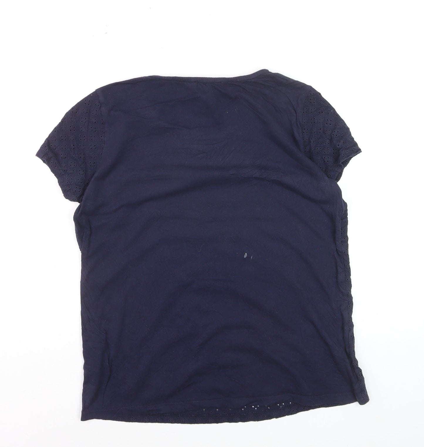 The White Company Women Navy Blue Eyelet Cotton Short Sleeve T-Shirt Size 10
