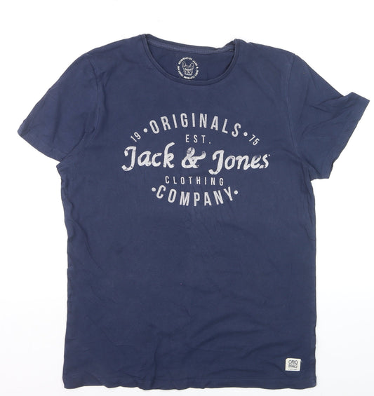 Jack & Jones Men's Blue Graphic Print T-Shirt Size L