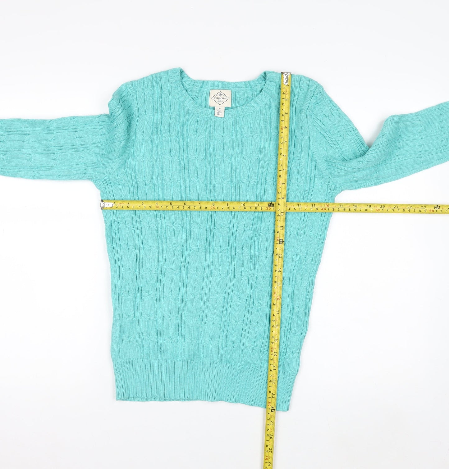 St John's Bay Women's Blue Cable-Knit Cotton Jumper Size M
