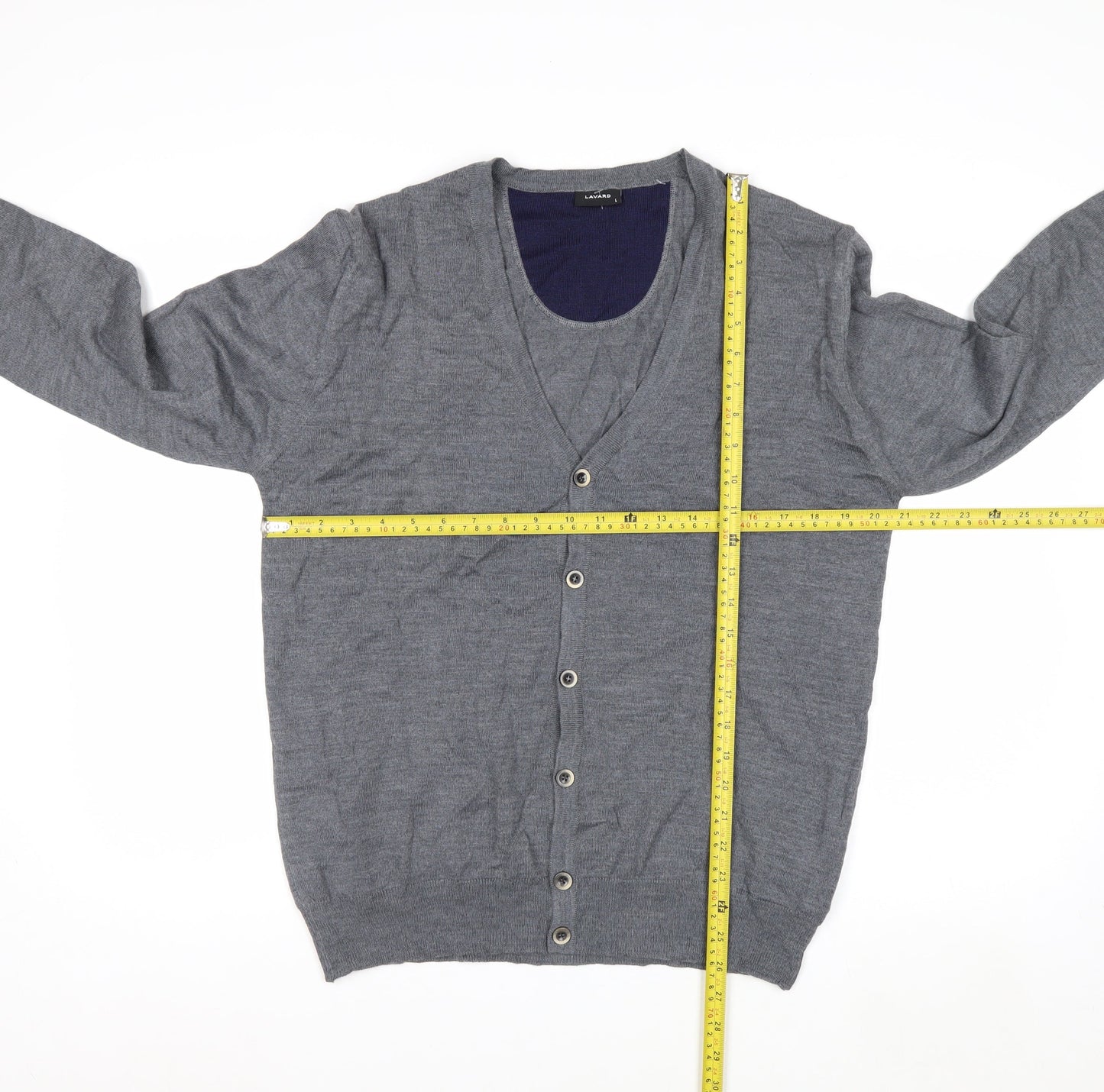 Lavard Mens Grey Wool Blend Cardigan L Long Sleeve V-Neck Knit