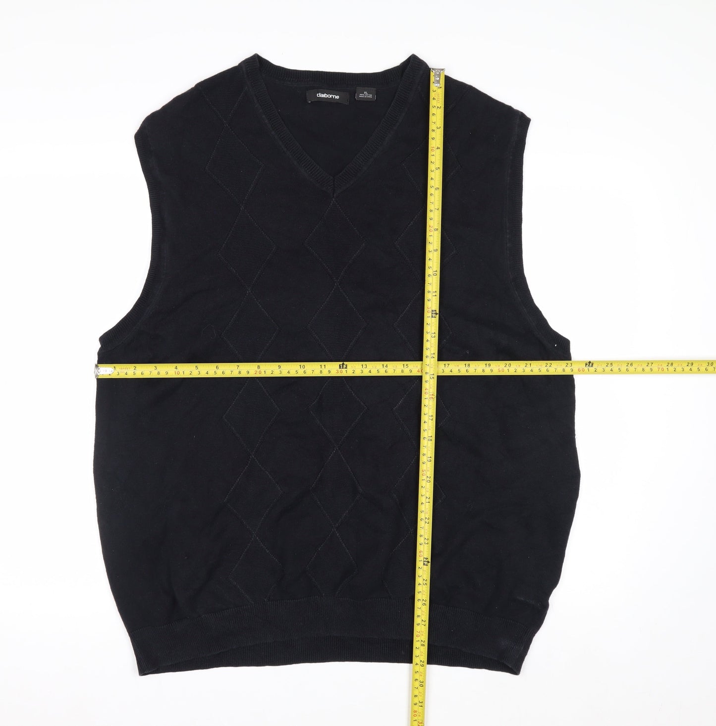 Claiborne Men's Black Cotton Argyle Sleeveless V-Neck Vest XL