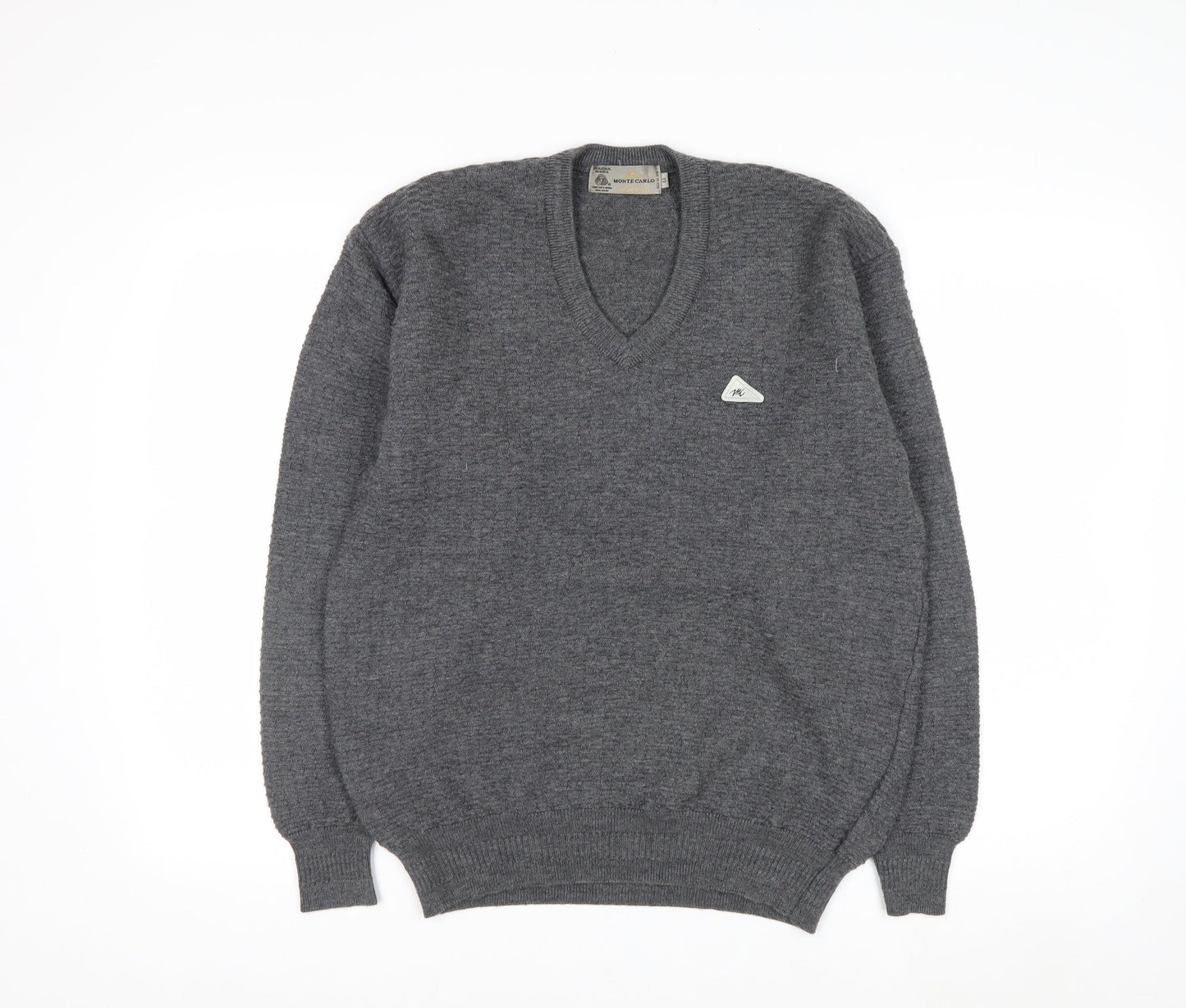 Monte Carlo Men's Grey Wool V-Neck Jumper L Classic Knit Pullover
