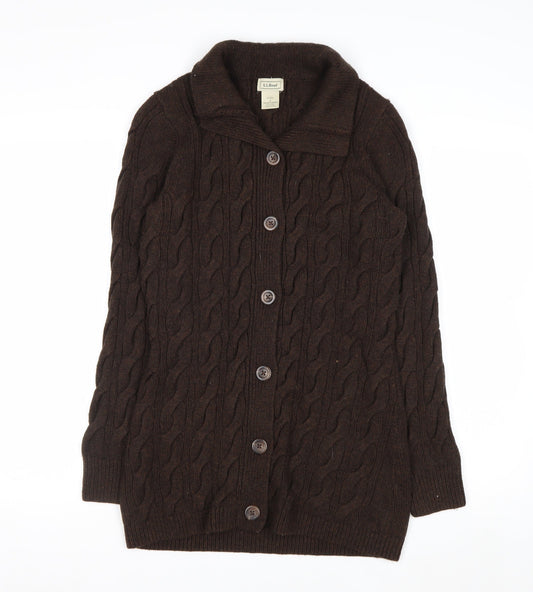 L.L. Bean Women Brown Cable-Knit Wool Blend Button Cardigan S