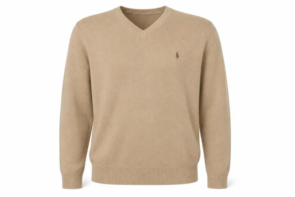 Ralph Lauren Men's Beige Wool V-Neck Pullover Jumper L