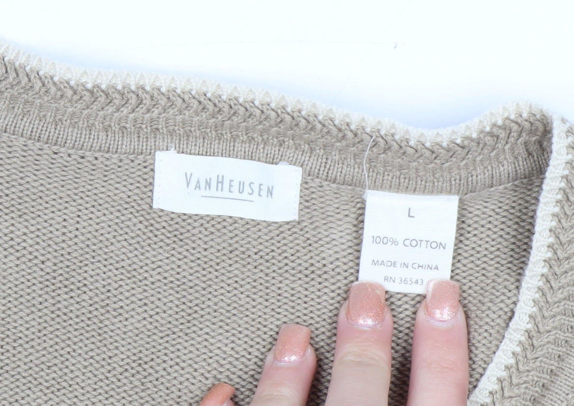 Van Heusen Men Beige Cotton V-Neck Jumper L Lightweight Knit