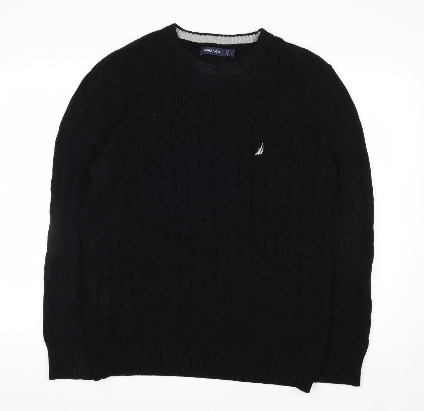 Nautica Men’s Black Cotton Cable Knit Crew Neck Jumper Size L