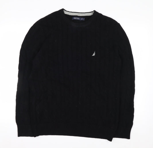 Nautica Men’s Black Cotton Cable Knit Crew Neck Jumper Size L