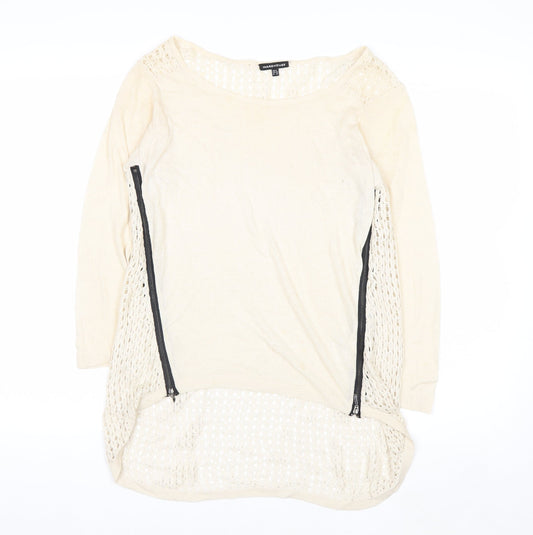 Warehouse Women Beige Open-Knit Lightweight Zip Jumper UK 6