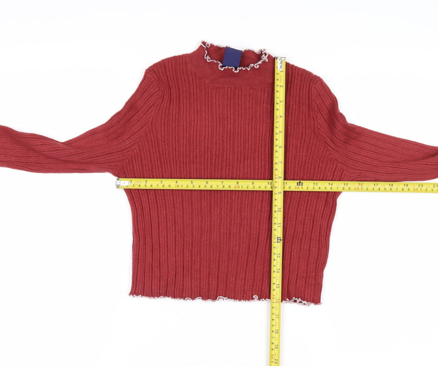 Beyond Retro Womens Red Ribbed Mock Neck Pullover Jumper Size S