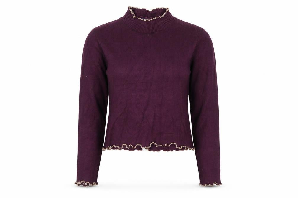 Vintage Womens Purple High Neck Ruffled Knit Jumper Size M