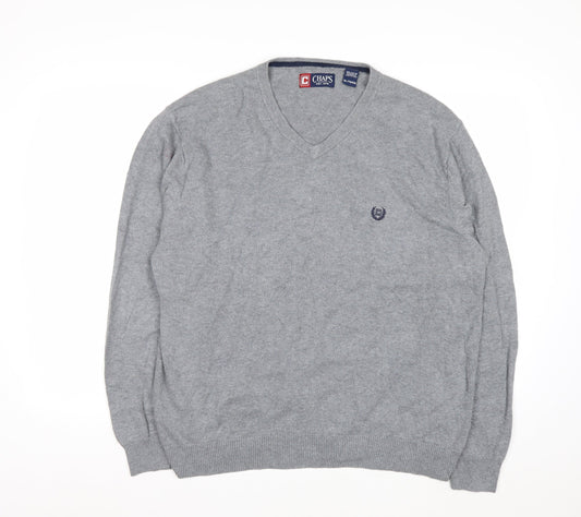 Chaps Men’s Grey Cotton V-Neck Jumper XL Classic Knitwear