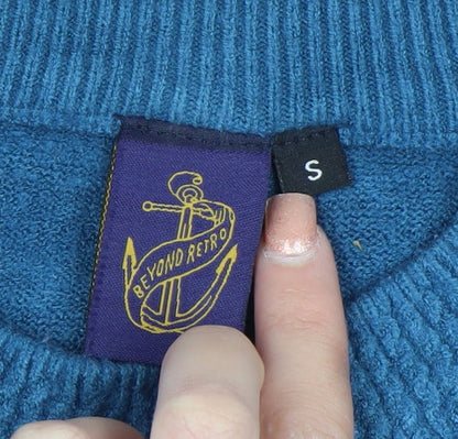 Vintage Women's Blue Crew Neck Cable-Knit Jumper Size S