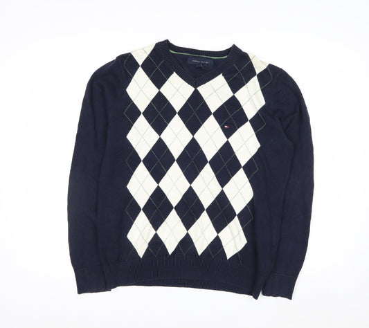Tommy Hilfiger Men's Blue Argyle Cotton V-Neck Jumper Size M
