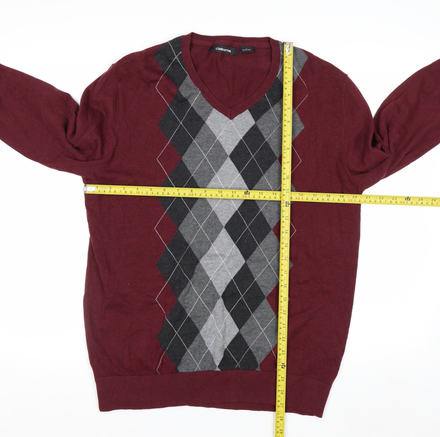 Claiborne Men's Red Argyle V-Neck Cotton Jumper Size L