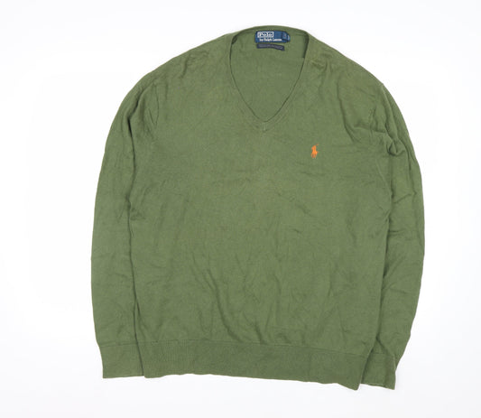 Ralph Lauren Men's Green V-Neck Cotton Cashmere Jumper XL