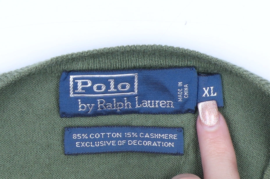 Ralph Lauren Men's Green V-Neck Cotton Cashmere Jumper XL