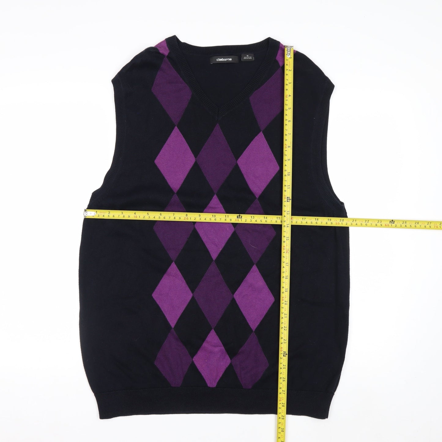 Claiborne Men's Black Purple Argyle Cotton V-Neck Vest M