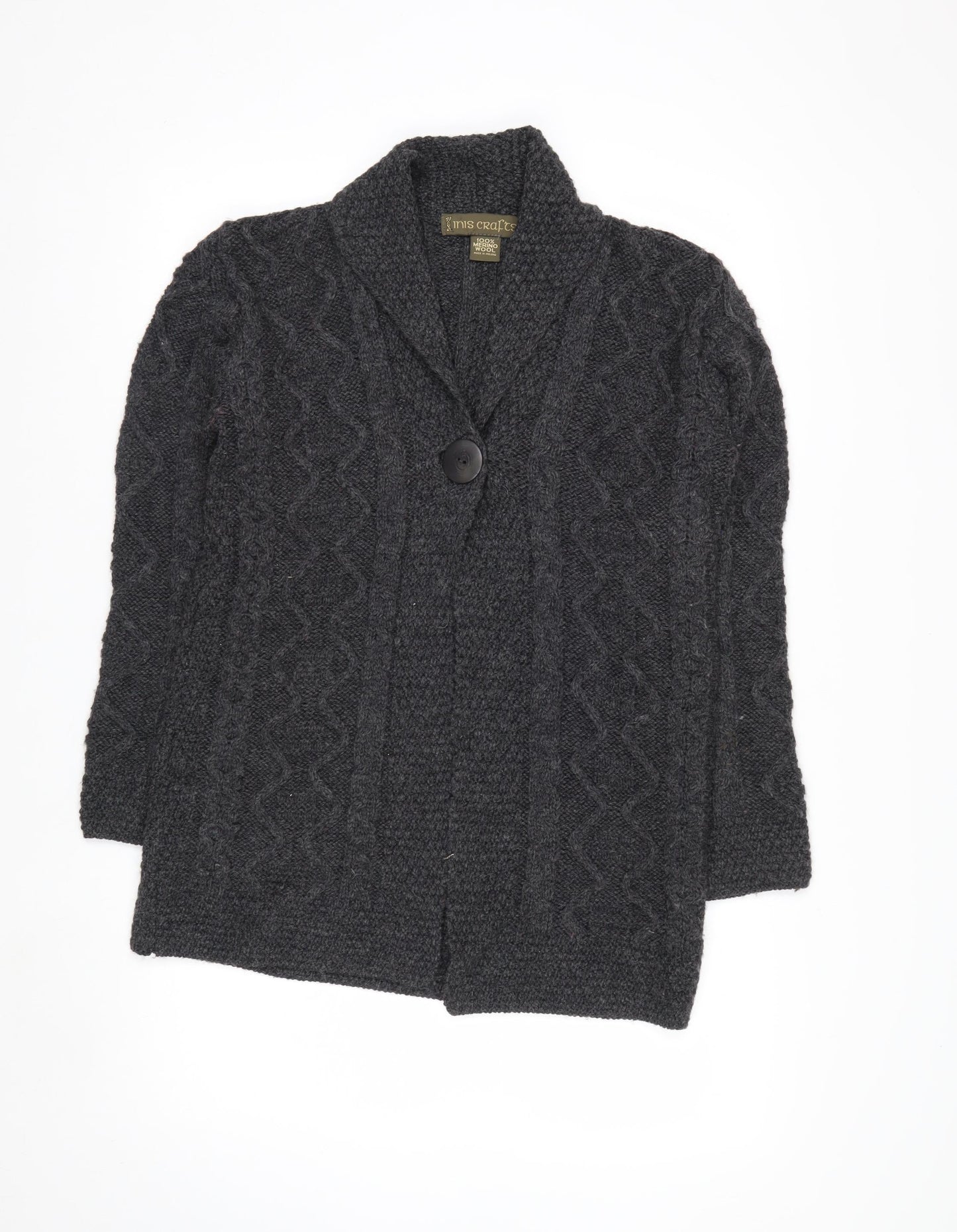 Inis Crafts Women's Grey Cable-Knit Merino Wool Cardigan Size S