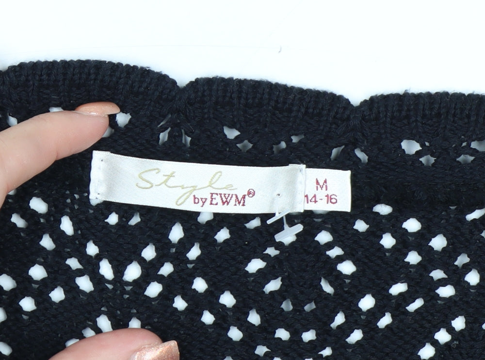 Style by EWM Women Black Crochet Open Cardigan Size 14 Short Sleeve