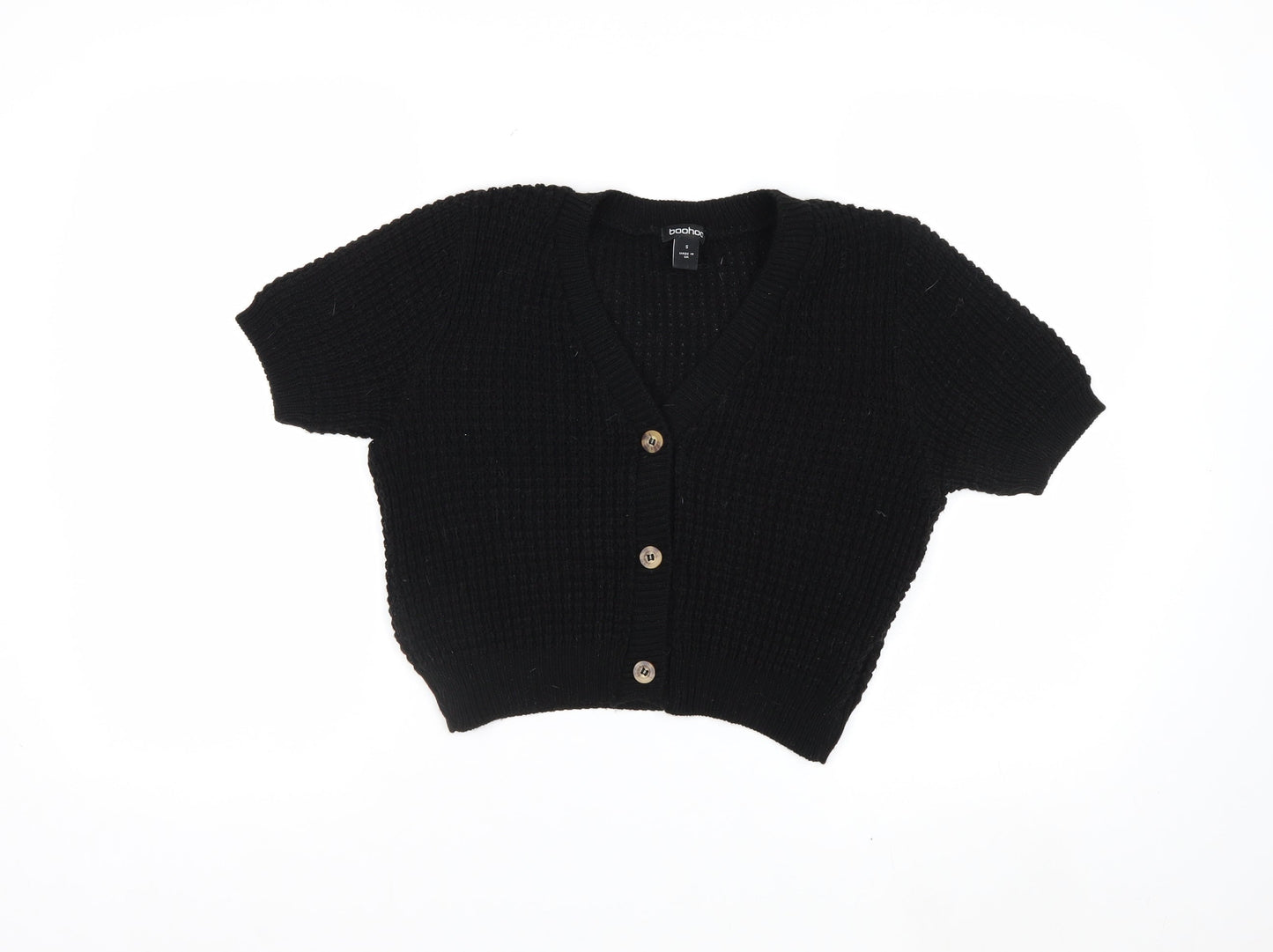 Boohoo Women's Black Short Sleeve Chunky Knit V-Neck Cardigan Size S