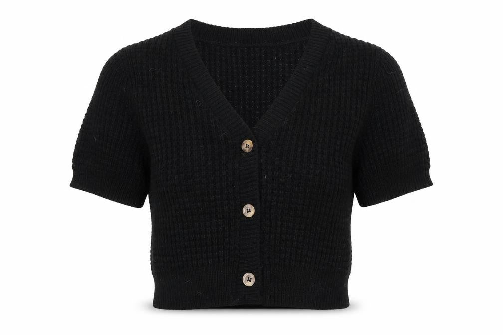 Boohoo Women's Black Short Sleeve Chunky Knit V-Neck Cardigan Size S