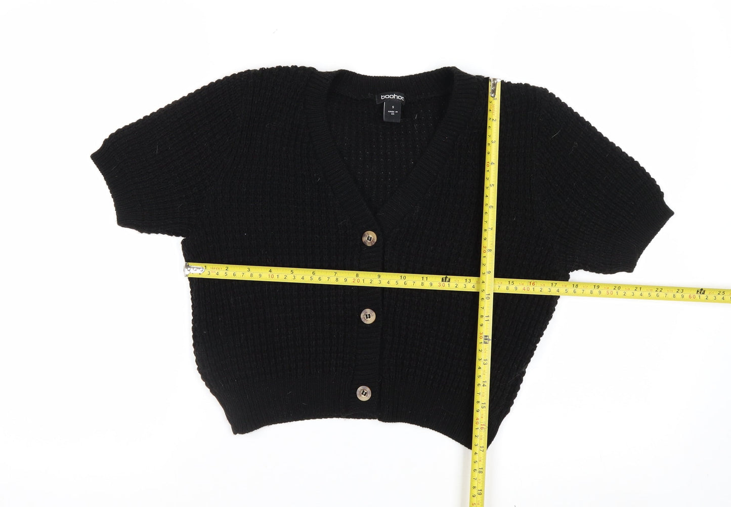 Boohoo Women's Black Short Sleeve Chunky Knit V-Neck Cardigan Size S