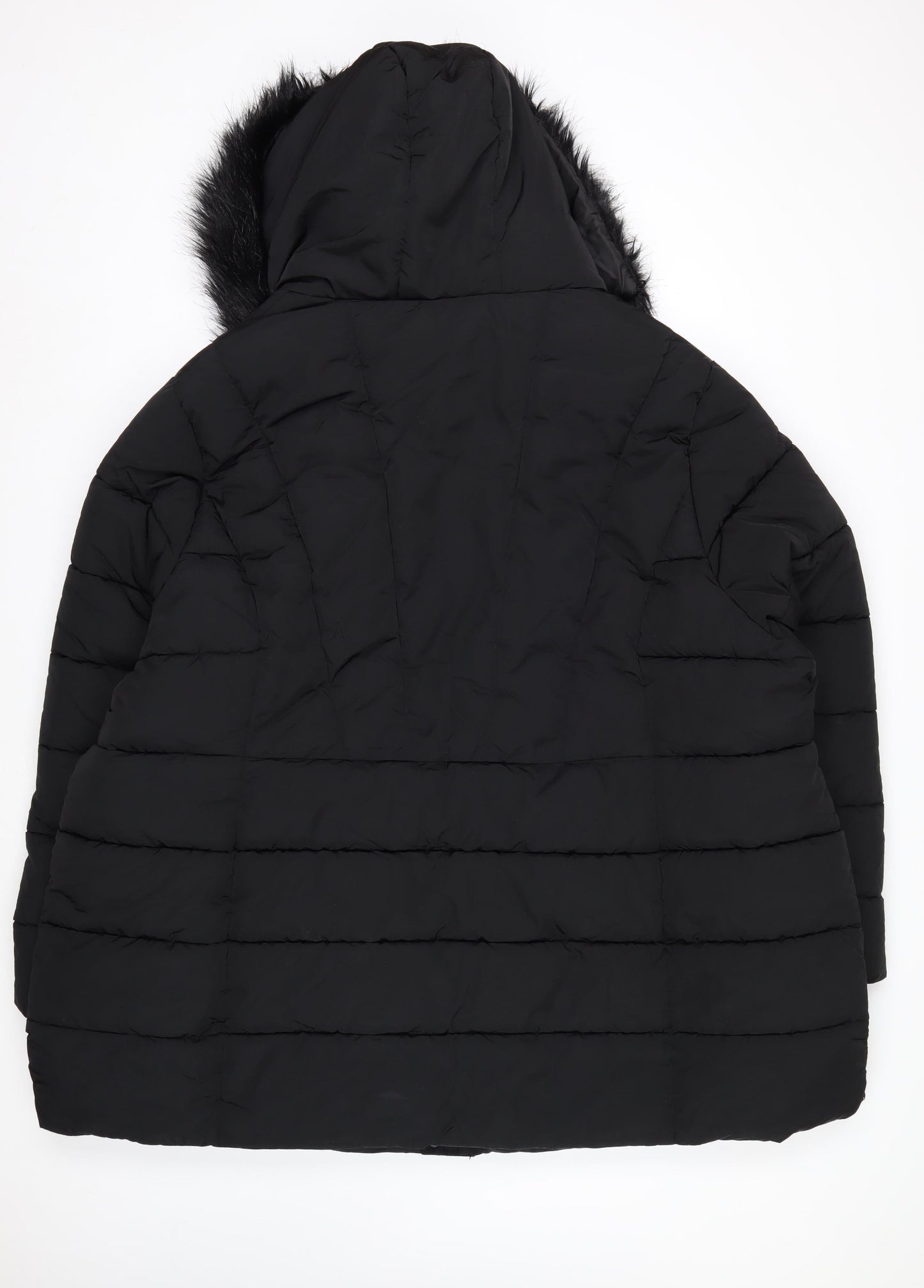 Yours Women's Black Long Puffer Coat Faux Fur Hood Plus Size 30-32