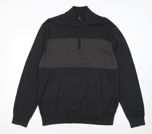 Tu Men's Grey XL 1/2 Zip Cotton High Neck Jumper