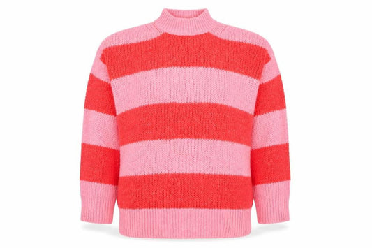 Mango Women Pink Red Striped Chunky Knit Mock Neck Pullover Jumper L