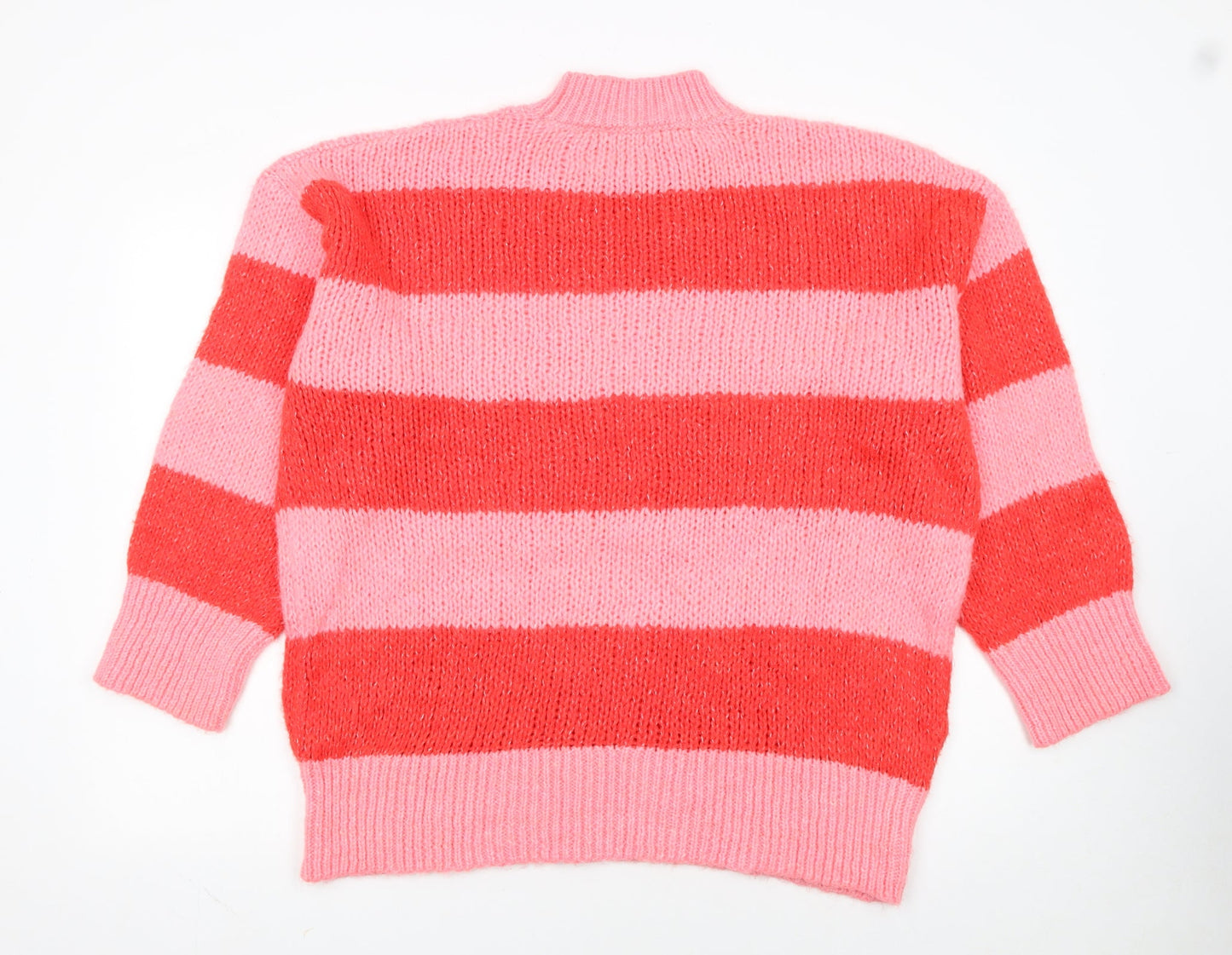 MNG Women Pink Red Striped Chunky Knit Mock Neck Pullover Jumper L
