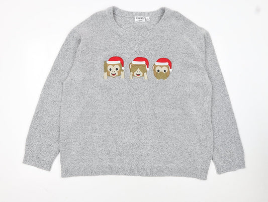 Bravado Womens Grey XL Pullover Jumper With Christmas Monkeys