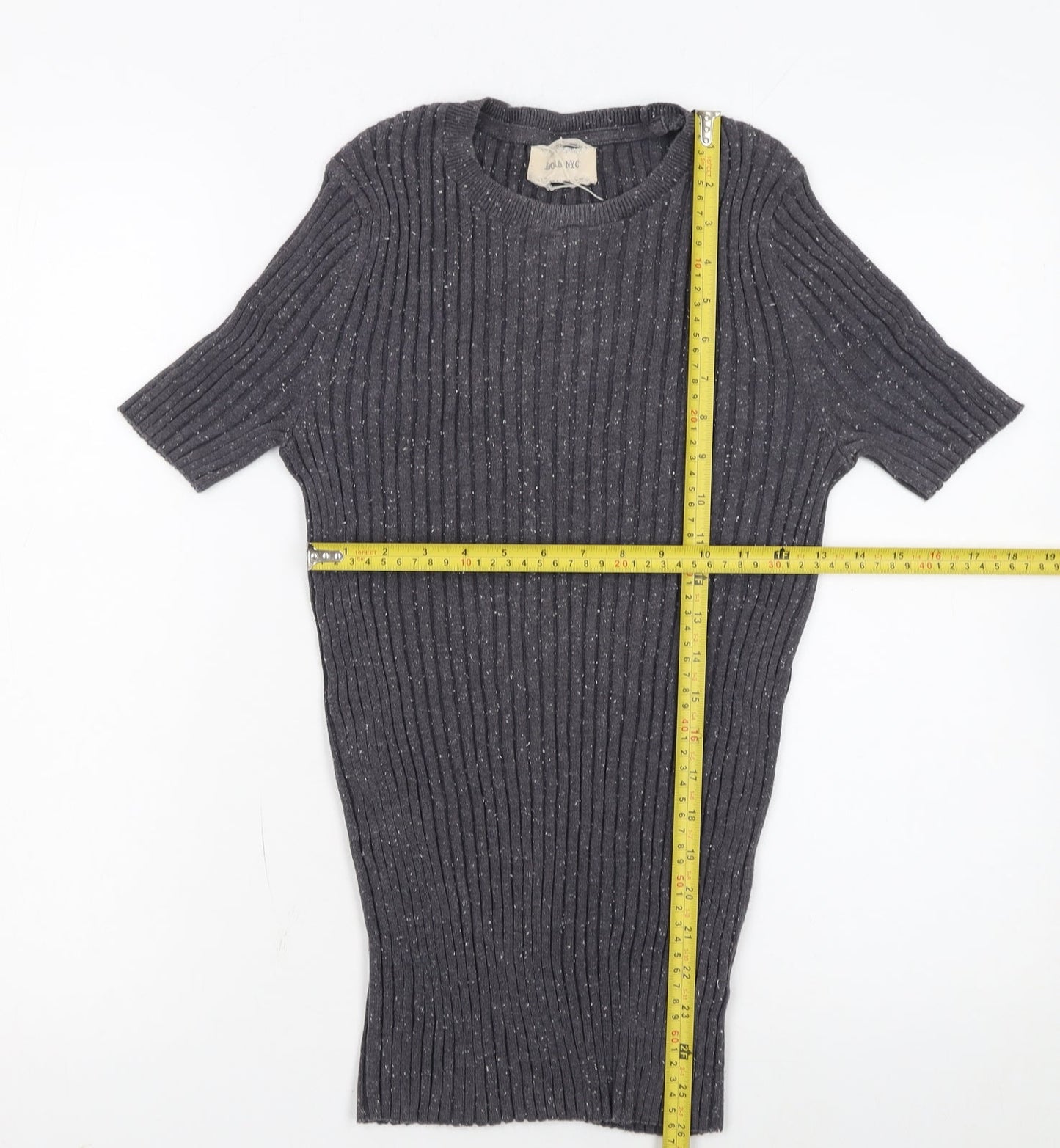 10018 NYC Women's Grey Ribbed Short Sleeve Knit Jumper Size S