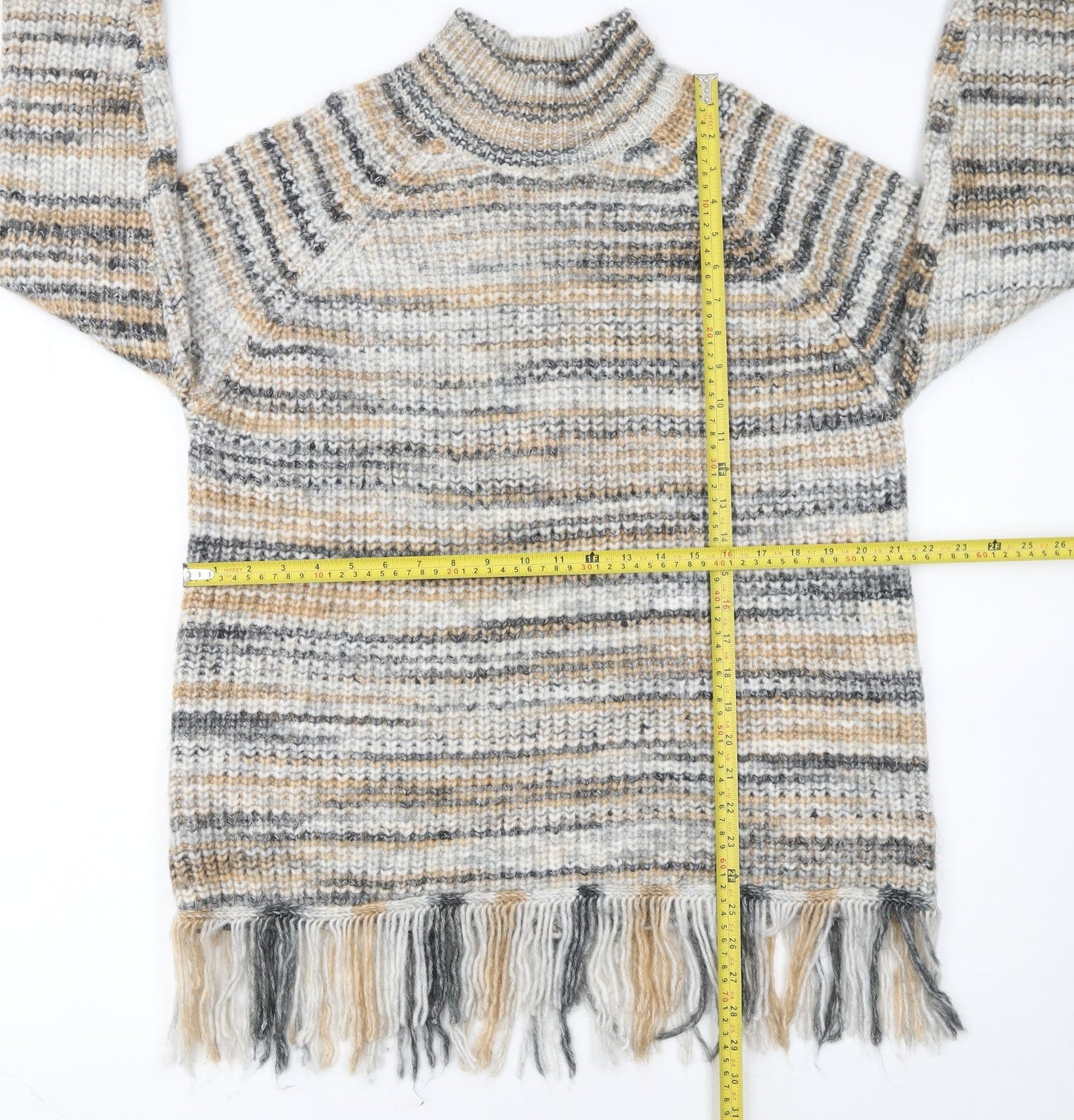 Primark Women’s Multicoloured L High Neck Chunky Knit Fringe Jumper