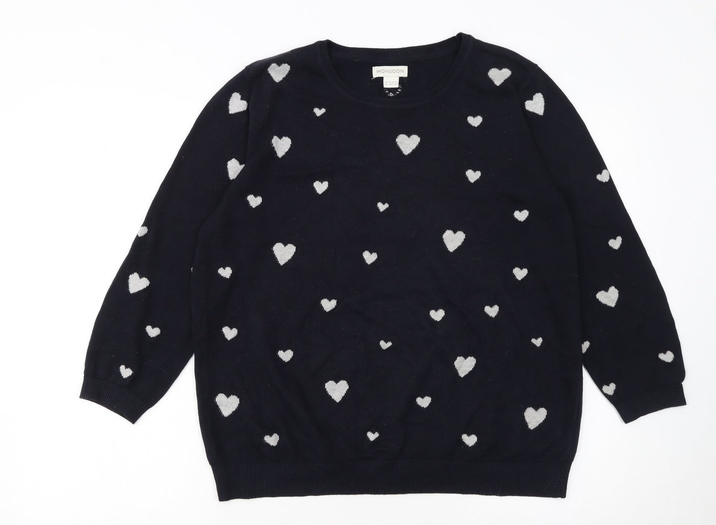 Monsoon Women's Blue Heart Knit Cotton Jumper Size 14