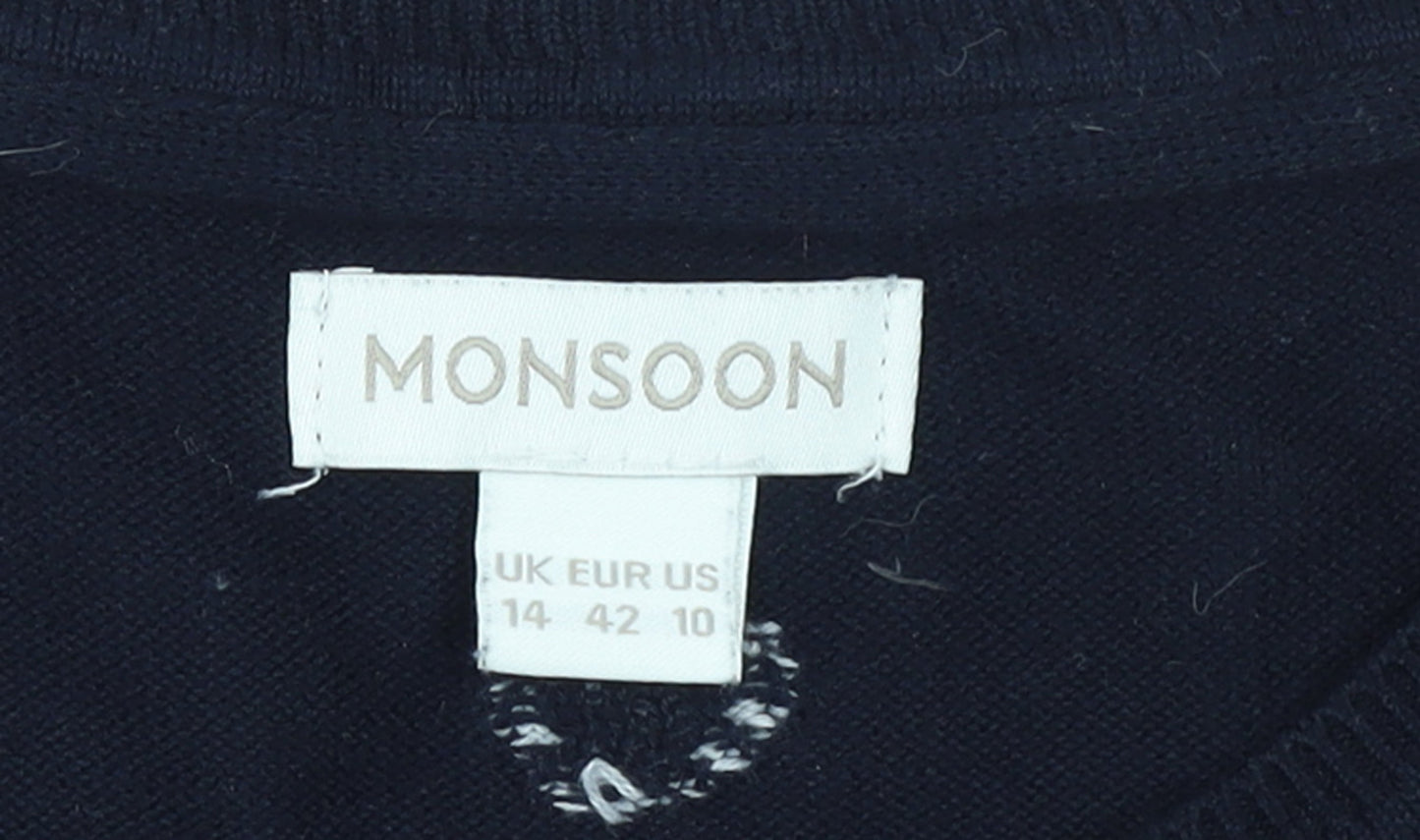 Monsoon Women's Blue Heart Knit Cotton Jumper Size 14