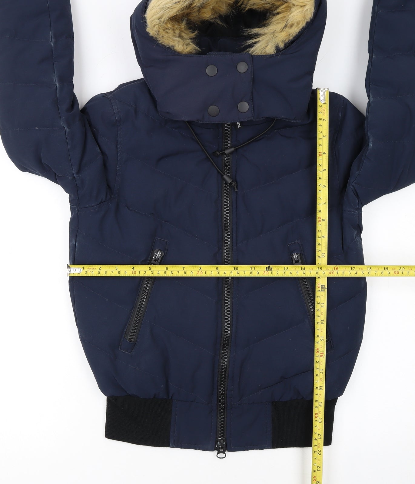 Superdry Women's Blue Size 6 Puffer Jacket with Faux Fur Hood